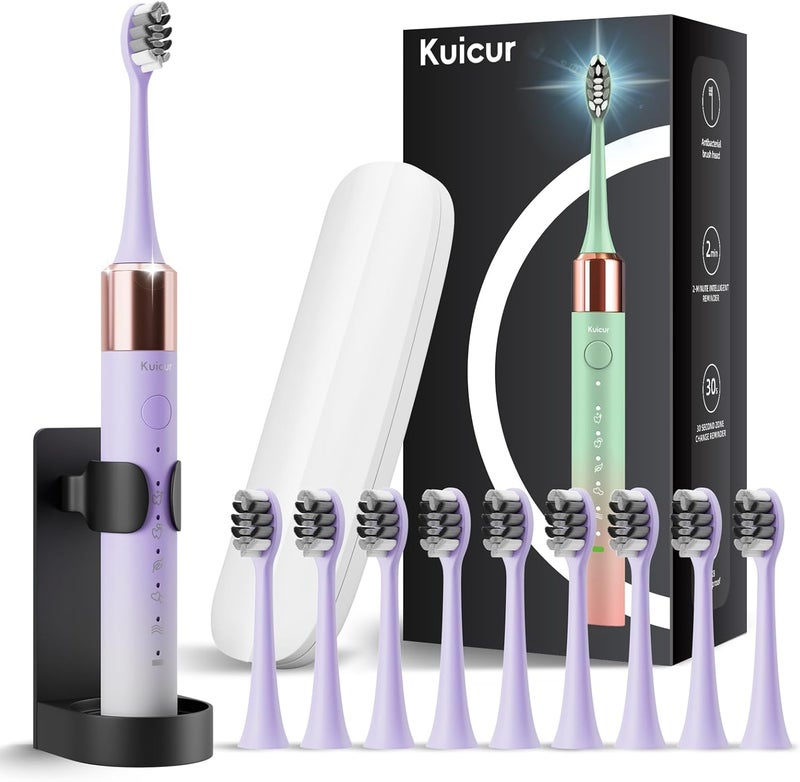 Kuicur Sonic Electric Toothbrush for Adults & Kids, Rechargeable Electric Toothbrush with 10 Brush Heads & Travel Case, Teeth Whitening, Holder, Charge for 120 Days - Purple - Image 1